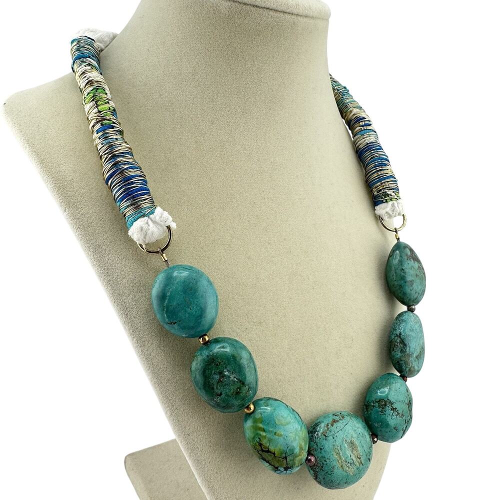 32” Jacqueline Rose Atelier Chrysocolla Nugget Chunky Lace Fabric Boho Necklace